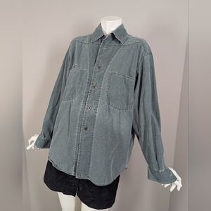 Vintage 90s Denim Button Down Shirt Workwear Oversized Utility Grunge Minimalist